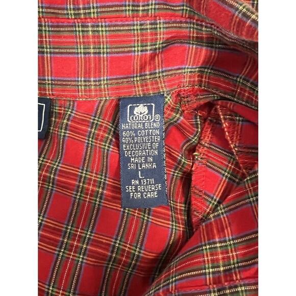 Vtg Karen Scott Red Green Tartan Plaid Velvet Trim Poinsettia Collar Shirt Sz L - Picture 8 of 9
